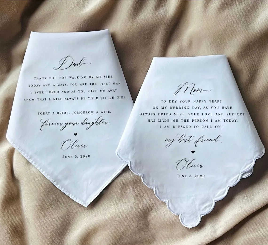 

Набор свадебных платков на заказ, подарок для отца и матери невесты от дочери, свадебный подарок для папы и мамы