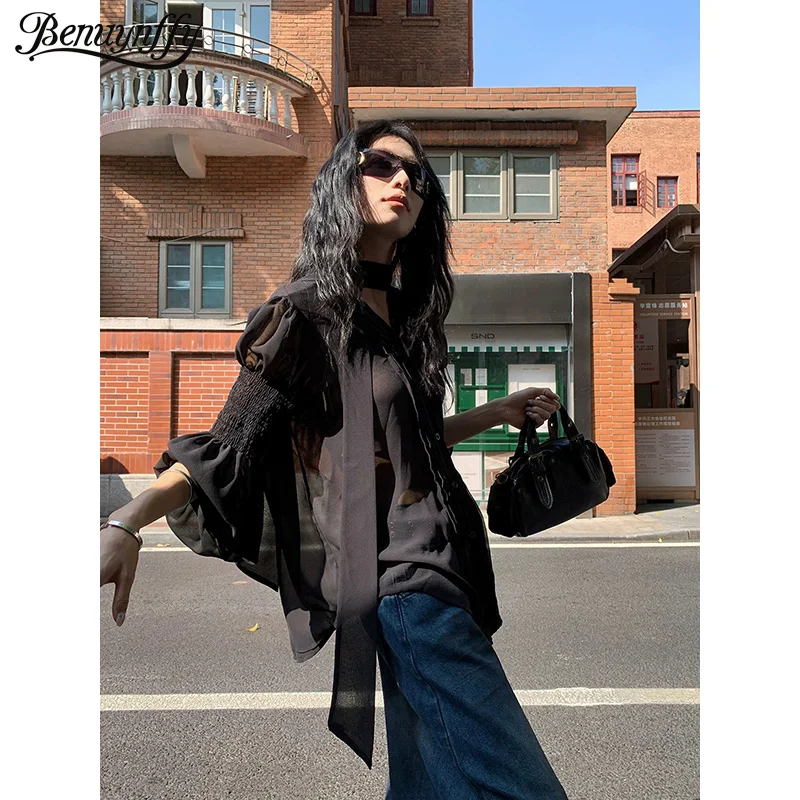 

Женская прозрачная блузка Benuynffy с воротником-бантом, весна-лето 2026, новая шифоновая свободная блузка с длинным рукавом, шикарный топ для женщин