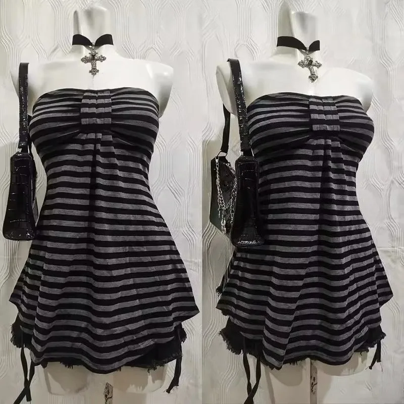 Y2k Aesthetic Punk American High Street Thicn Strapless Harajuku Constrast Color Striped A-line Tank Top Spice Girl Punk Tee