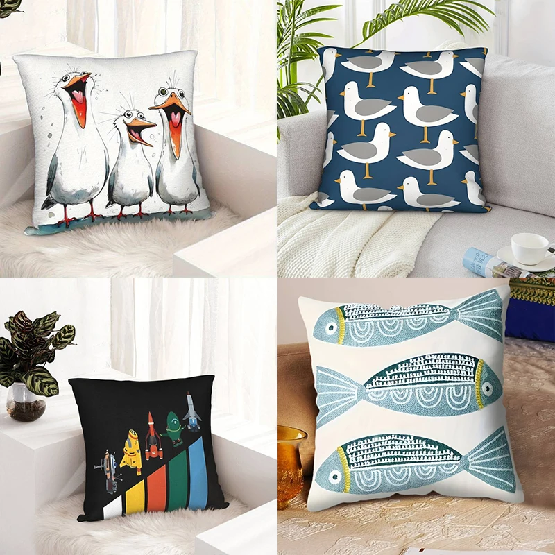 

Наволочка с игривым морским и космическим дизайном — веселые чайки, узорчатые рыбки и милый дизайн в виде ракеты