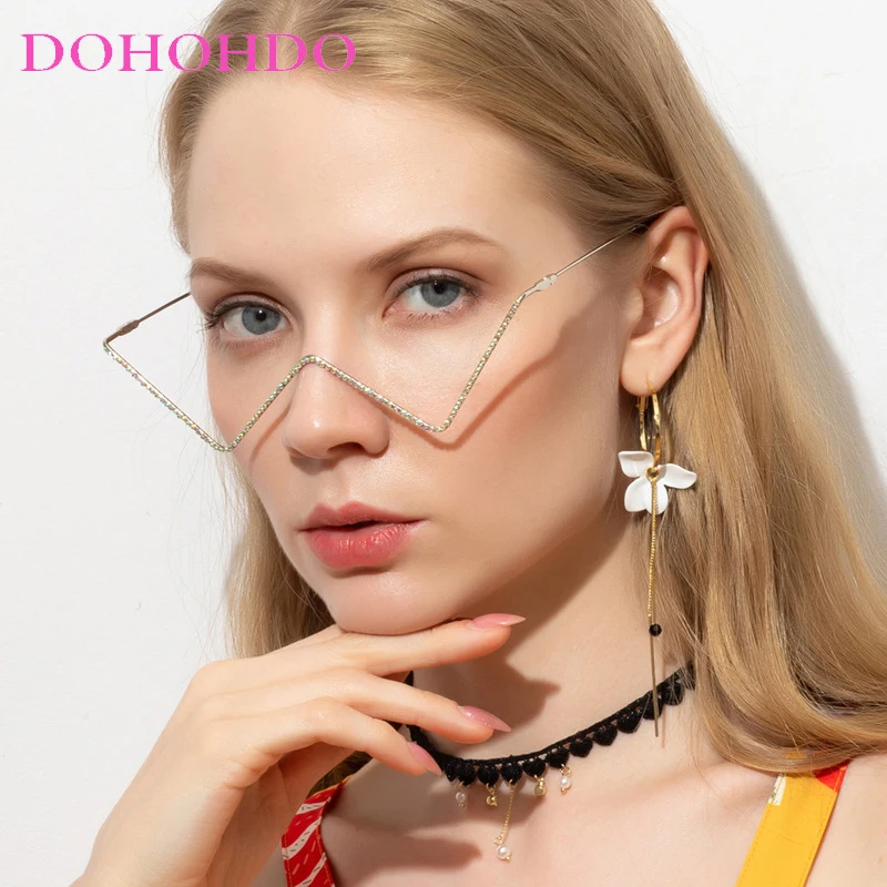 

New Vintage Unique No Lens Half Metal Frame Glasses Woman Luxury Diamond Decoration Eyewear Ins Popular Fashion Glasses Frame