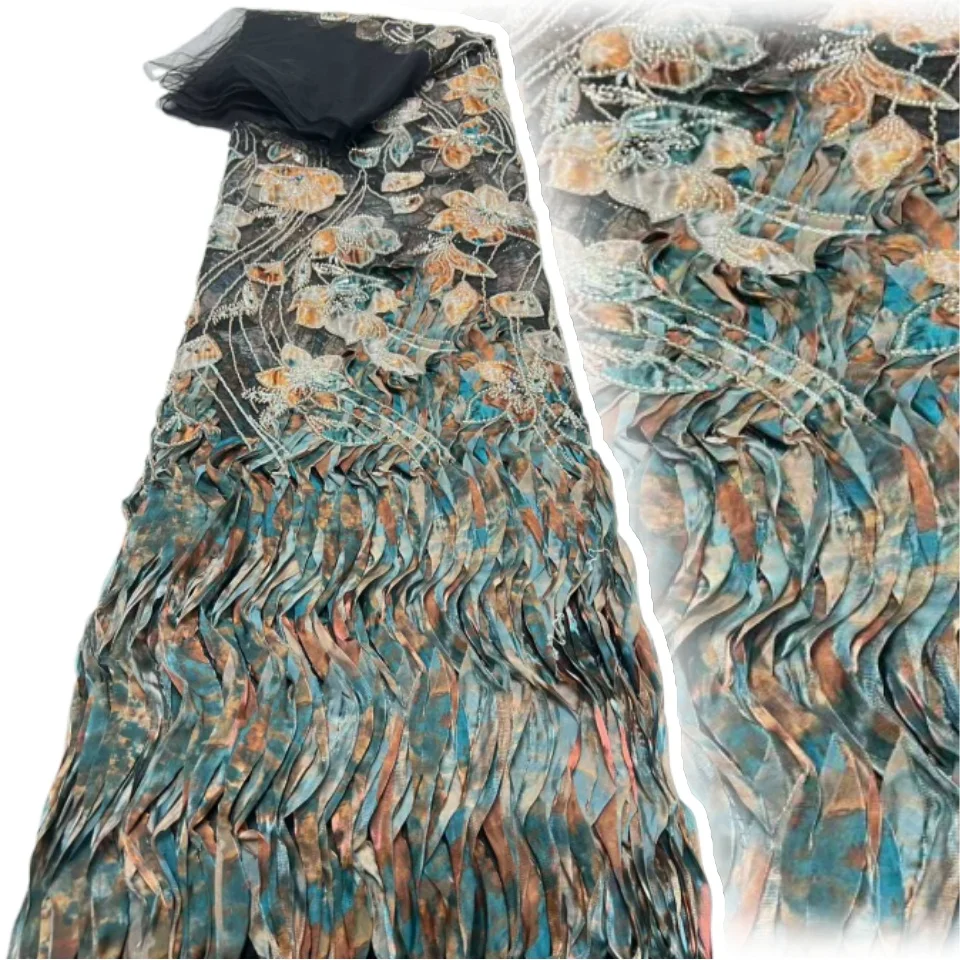 

Роскошная африканская 3D кружевная ткань с перьями, 2025 г., высокое качество, французская кружевная ткань с бисером и блестками для шитья свадебных платьев 5 лет CC1687