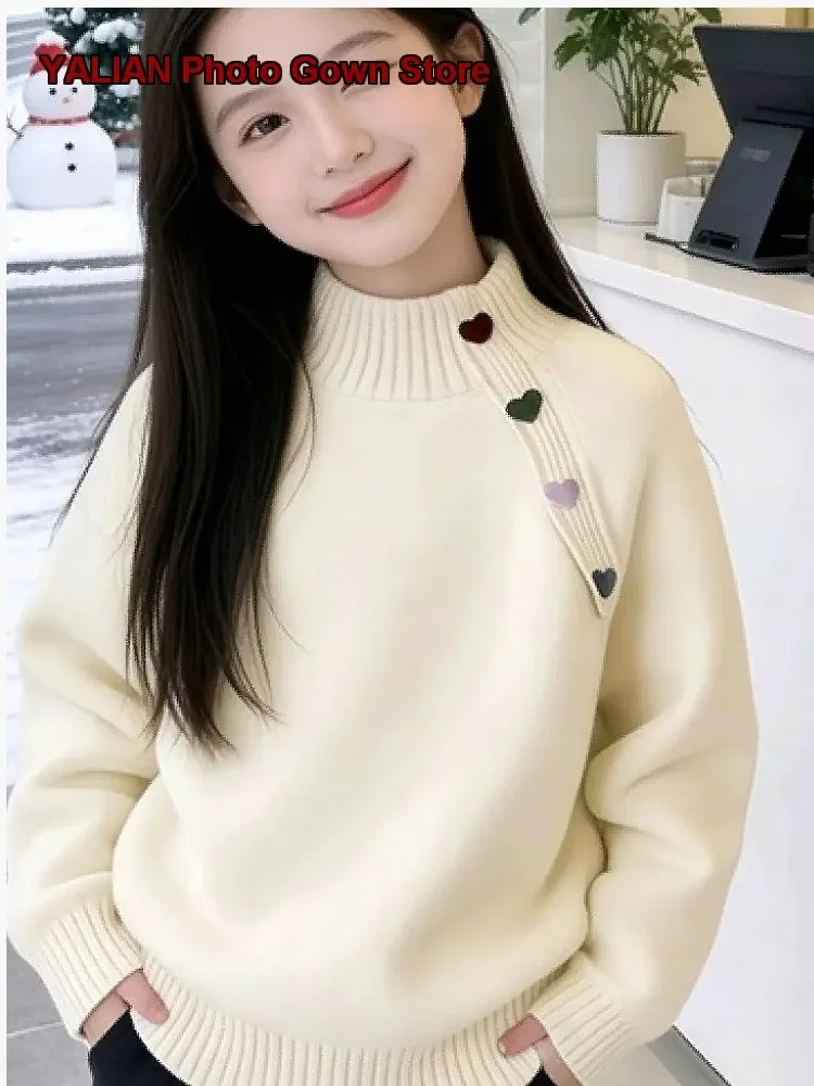 Girls Winter Dress 2025 Children Fleece Lined Thickened New Year Knit Sweater Winter Top Kids