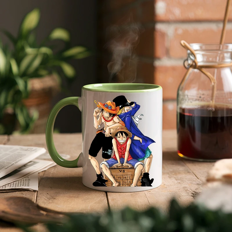 11oz Anime ONE PIECE Creative Cartoon Luffy Ceramic Mug ACE Sabo High-value Cute Kawaii Office Coffee Milk Tea Cup Gift Male