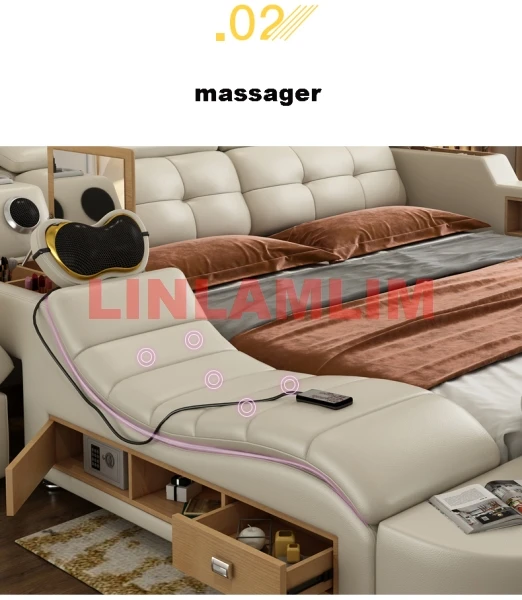 Genuine Leather Tatami Bed Multifunctional Tech Smart Beds Ultimate Massage Camas Upholstered Bed with Bluetooth,Speaker,Dresser