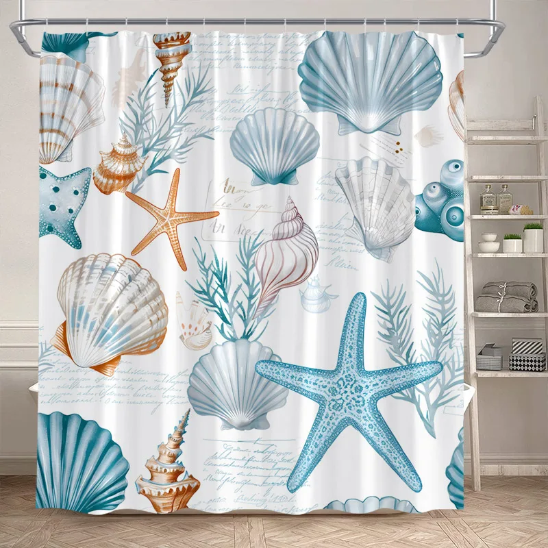 Nautical Ocean Shower Curtains Blue Shell Conch Seaweed Starfish Bath Curtain Set Polyester Fabric Bathroom Decor with Hooks