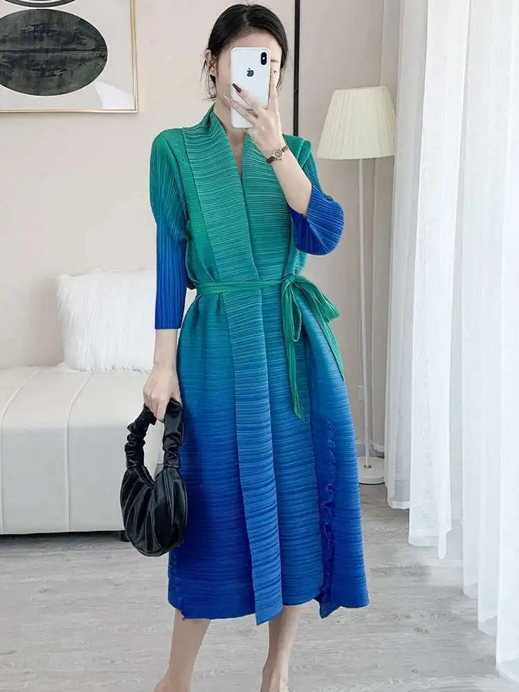 LANMREM Contrast Color Pleated Dress For Women Open Stitch Belt Midi Elegant Dresses Ladies Party LANMREM Contrast Color Pleated Dress For Women Open Stitch Belt Midi Elegant Dresses Ladies Party