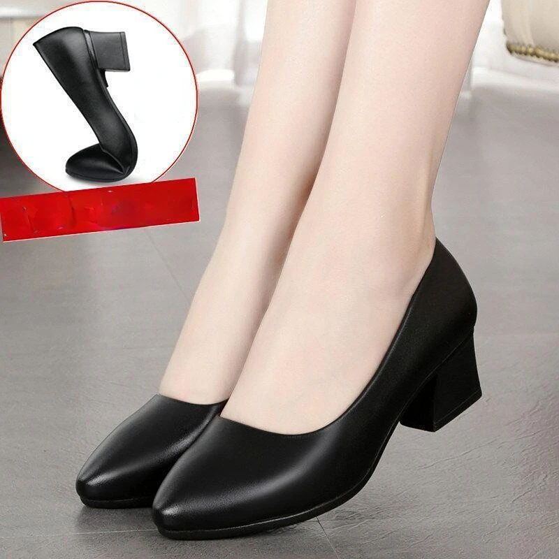 Spring Work Shoes Black Professional Women High Heels Shoes Pumps Low-heeled Leather Office Career Formal Women Shoes