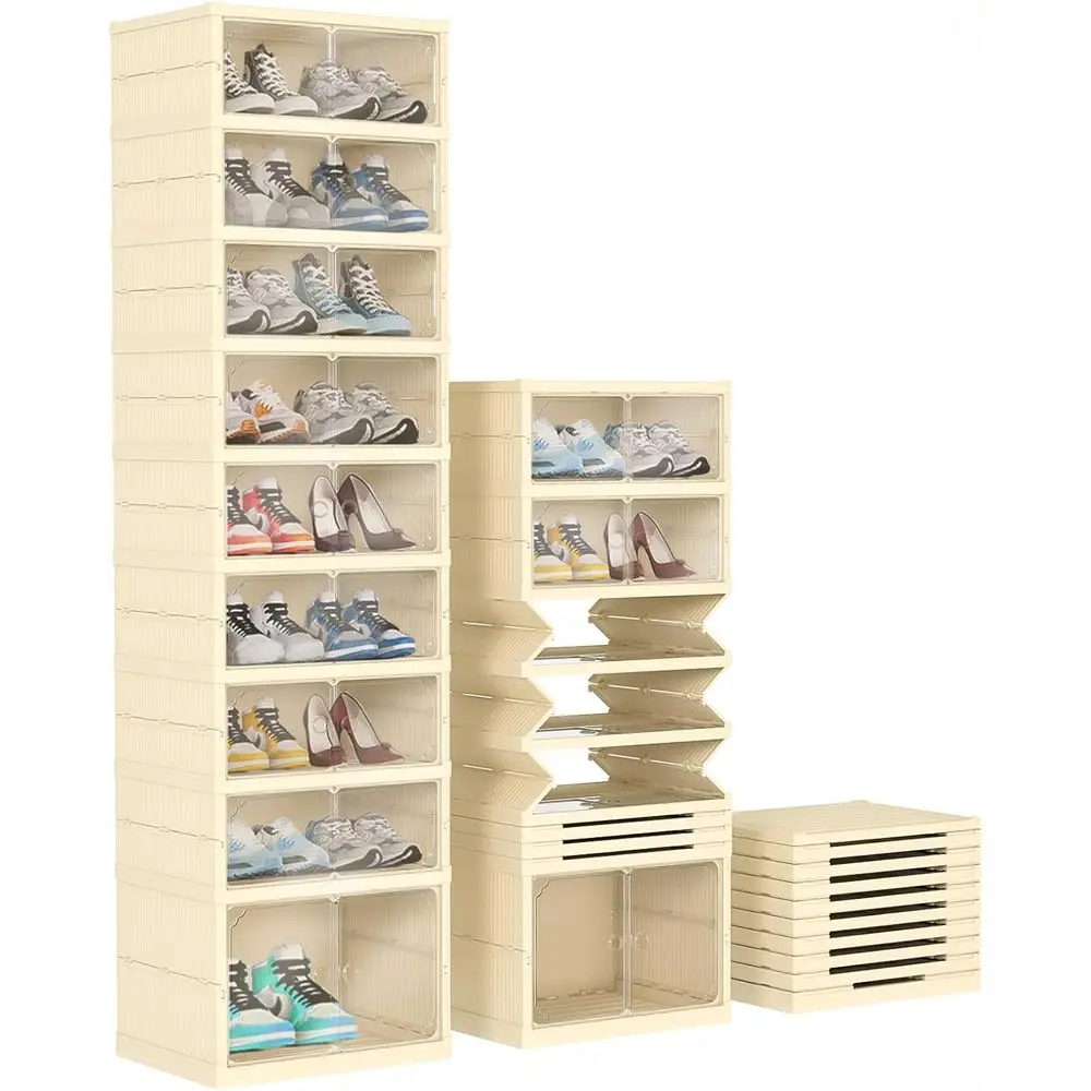 

AHKNS Shoe Storage Box, 9 Tiers Easy Assembly oldable Plastic Shoe Rack with Clear Door, Stackable Shoe Storage Bins Shoe Organi