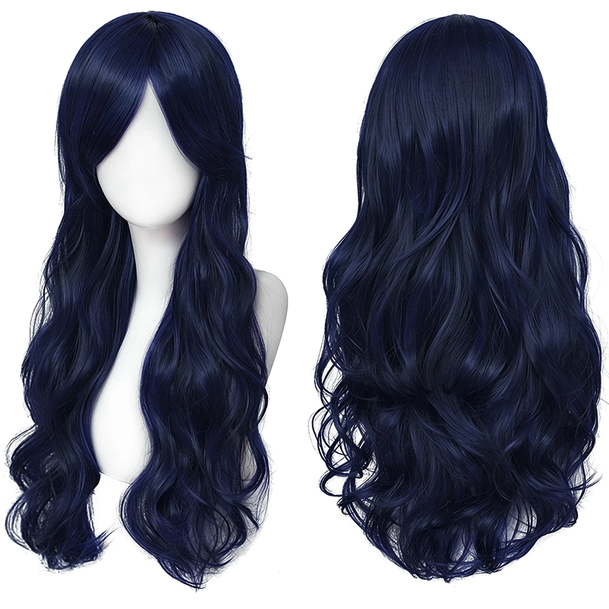 Synthetic Hair Navy Blue Long Cos Wig, Side Fringe Rich Deep Curls Heat Resistant Fiber for Elegant Anime Character Roleplay