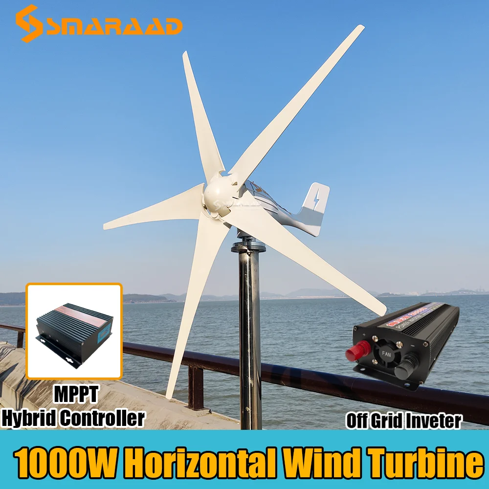 Gerador de Turbina Eólica 1000w 24v 48v Moinho de Vento Conecte ao Sistema Solar com Controlador Híbrido Mppt Inversor 220v Eficiência Real