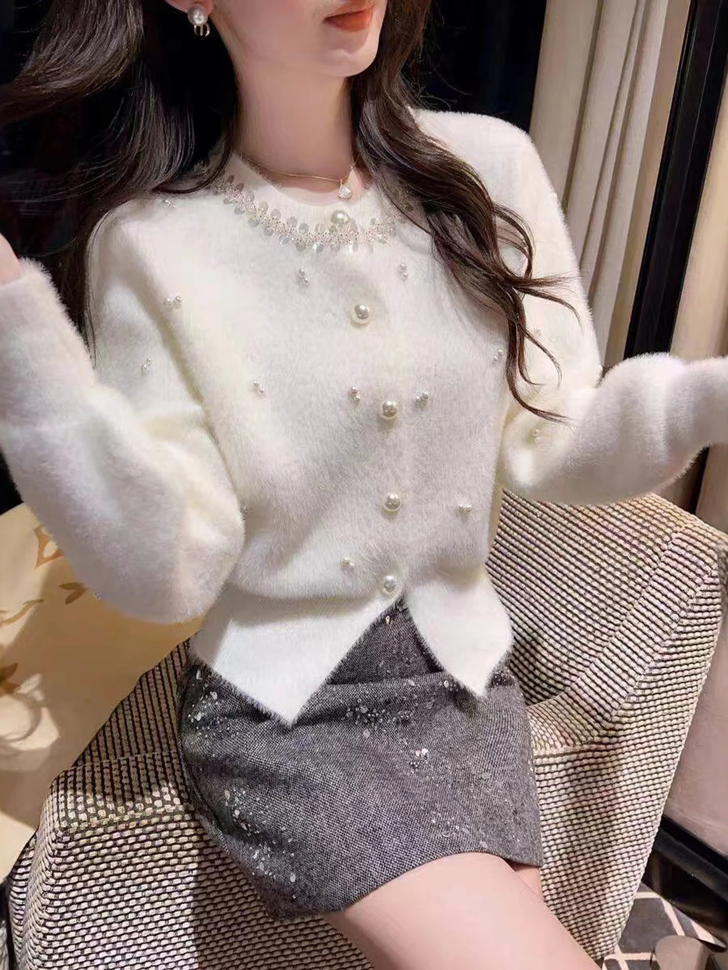 Korean Style Heavy Embellished round Neck Knitted Open Cardigan Women's Autumn Winter Versatile Fake Mink Sweater Coat