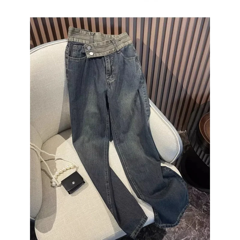 Retro Design Irregular High-waist Jeans Women in Spring and Autumn New Loose Straight Splicing Wide-leg Pants