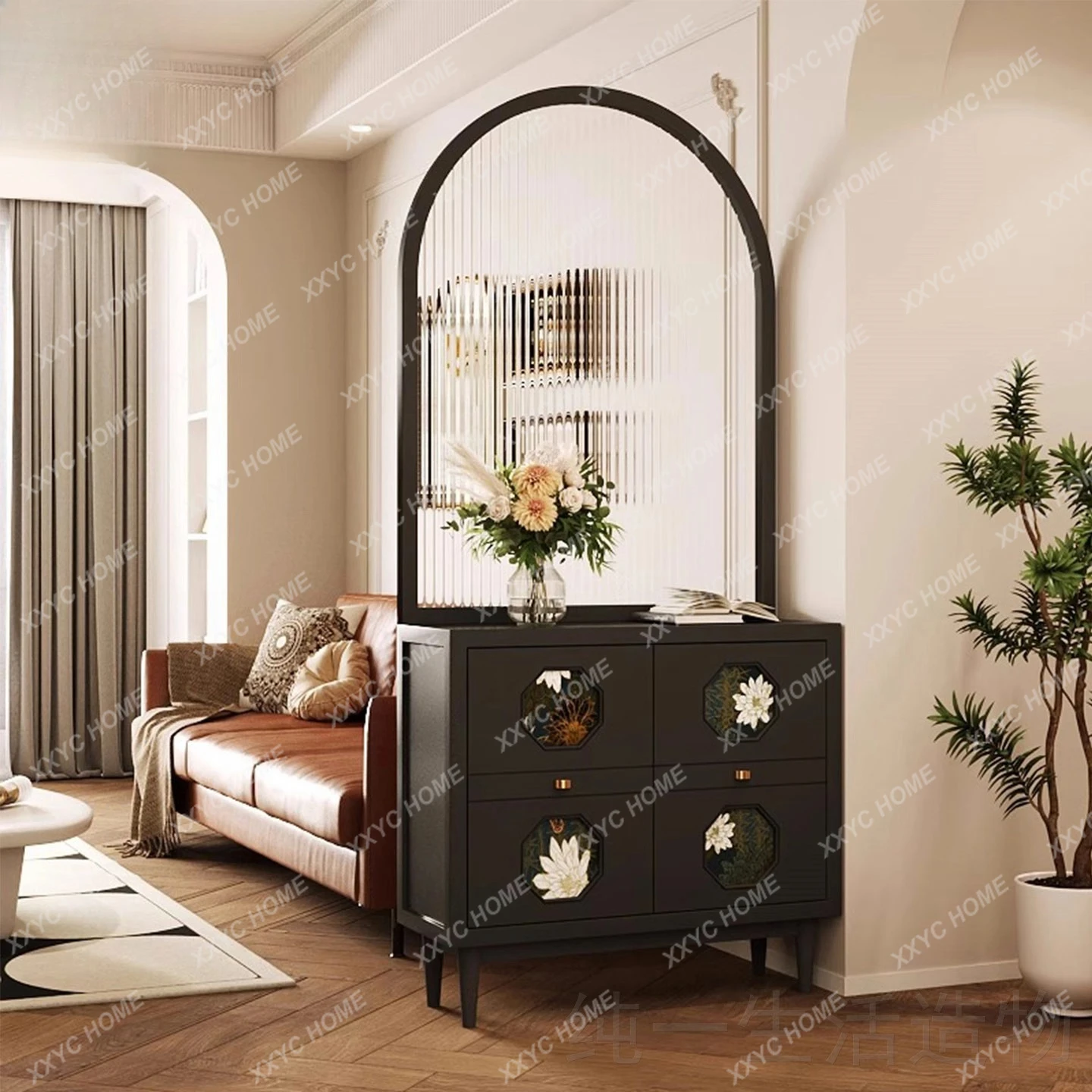 HHHHVintage Solid Wood Changhong Glass Entryway Door Screen Partition Living Room Shoe