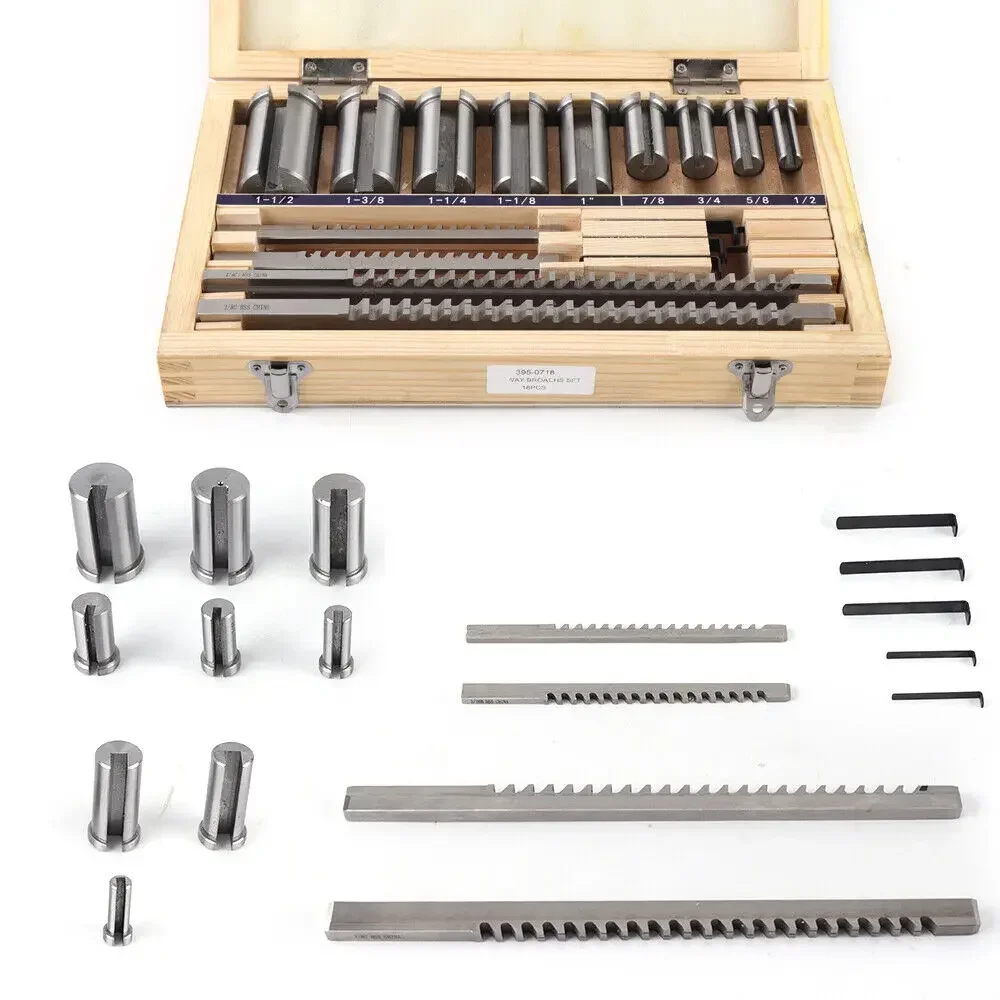 ​​Complete Keyway Broaching Kit 18 Pieces 1/8" 3/16" 1/4" 3/8" Broaches with Collared Bushings for Metalworking​​