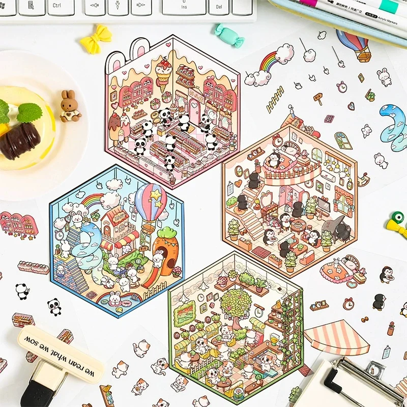 Cute 3D Dream House Landscape Stickers, Kawaii Miniature Diorama Decals for Hand Account, Scrapbook, Junk Journal, Planner