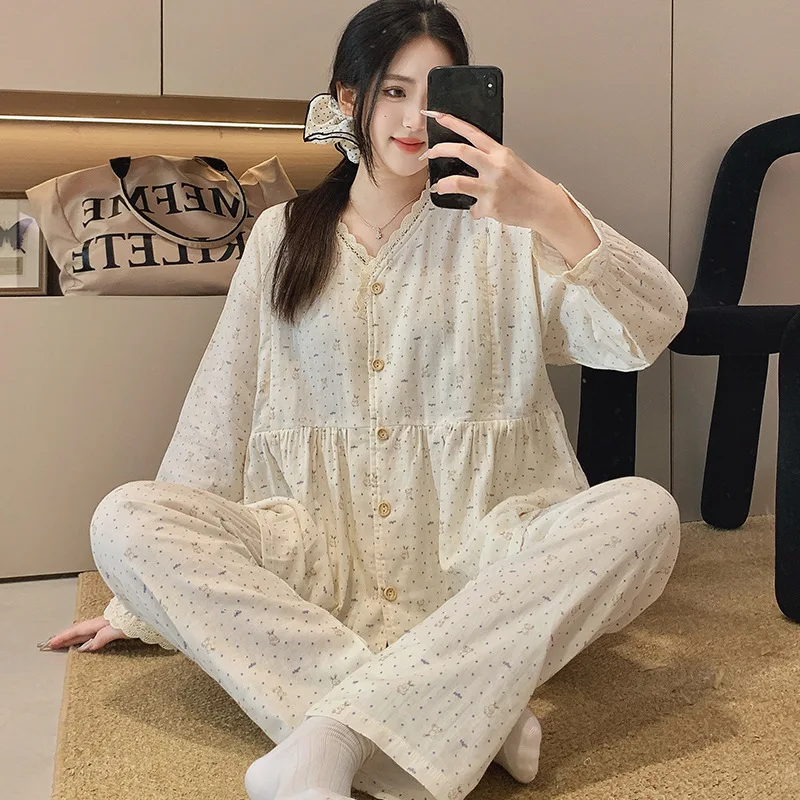 Maternity Nursing Sleepwear Long Sleeve Pregnant Lady Cardigan Pajamas Suits Postpartum Woman Cotton Spring Autumn