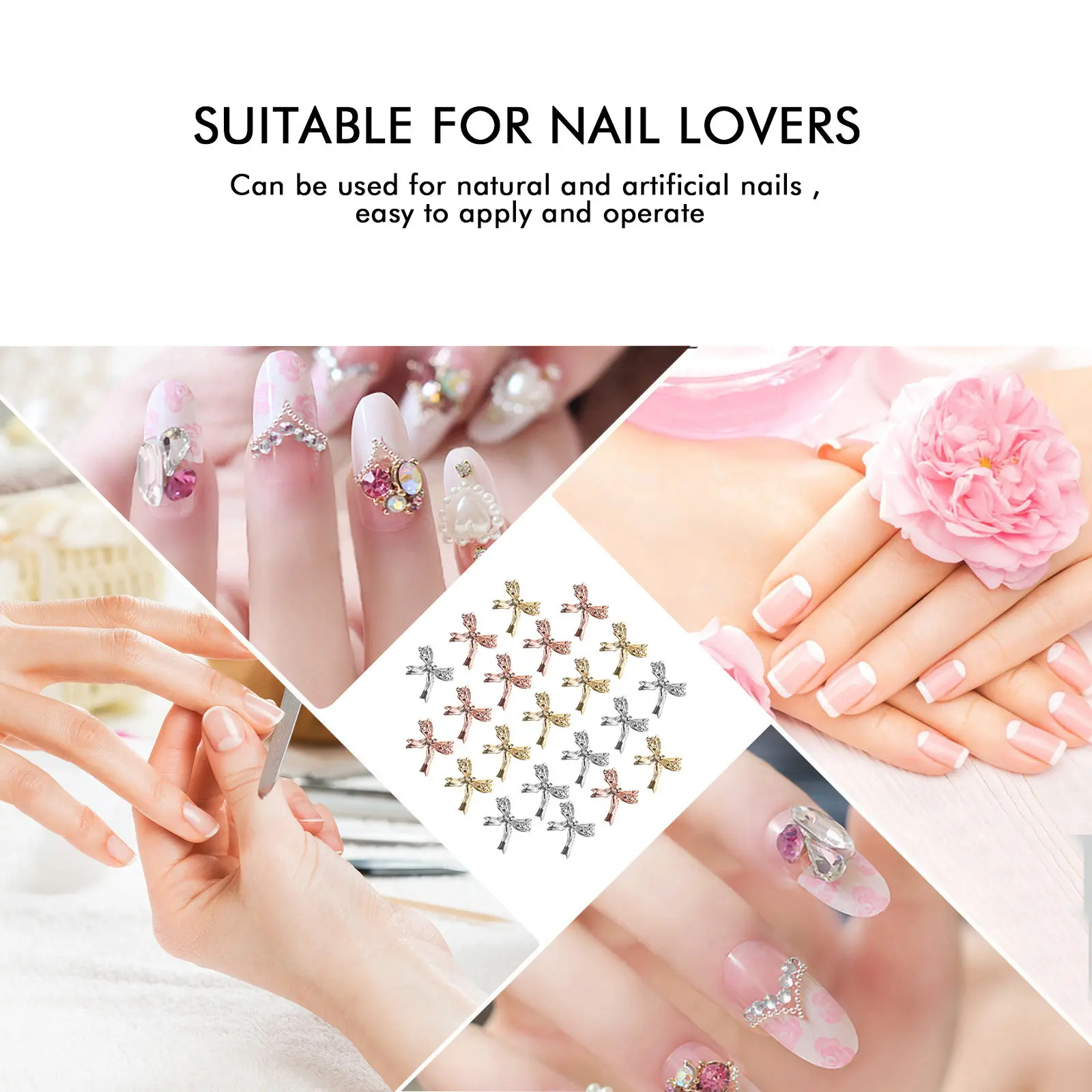 Adornos Metálicos para Uñas con Forma de Lazo, Ligeros, de Aleación, para Manicura, para Banquetes, Bodas y Fiestas, con Bolsa de Transporte