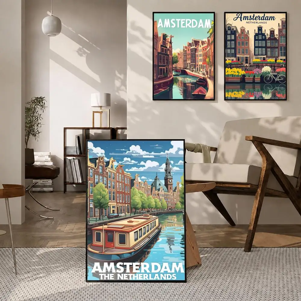 Landmark Amsterdam Canal Poster Poster Room Wall Art Decor Waterproof Stickers For Home Bar Bedroom Decoration