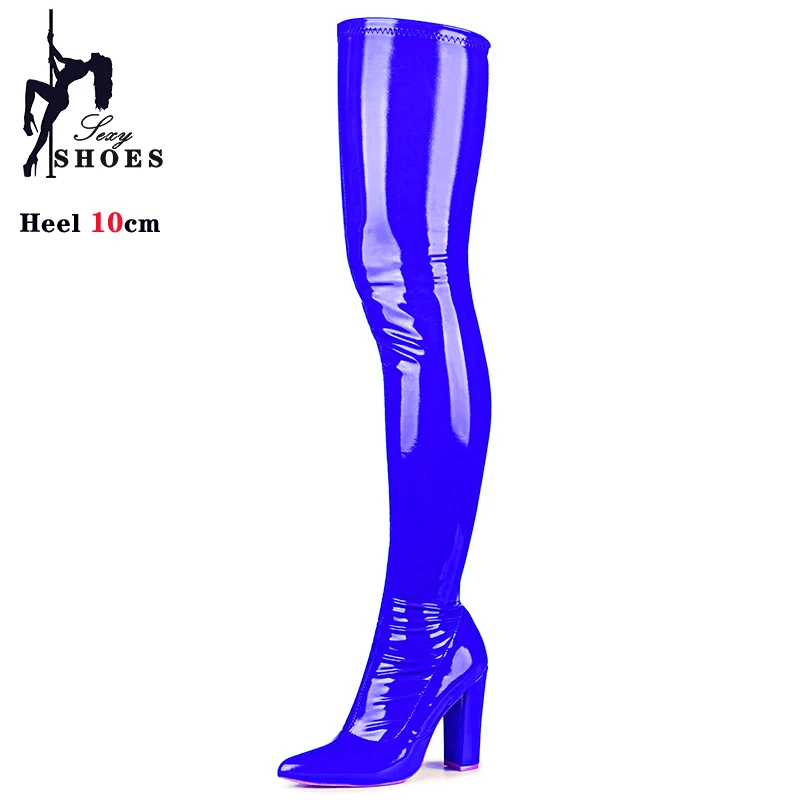 Pointed Toe Over-the-Knee Thigh High Women Boots Black Elastic Leather Chunk Heels Shoes For Woman Plus Size Long Boots Party