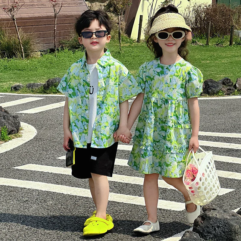 Vacation Summer Kids Brother Sister Clothes Set Muslin Bubble Sleeve Babys Girls Green Beach Dress Polo Shirts+black Shorts Suit