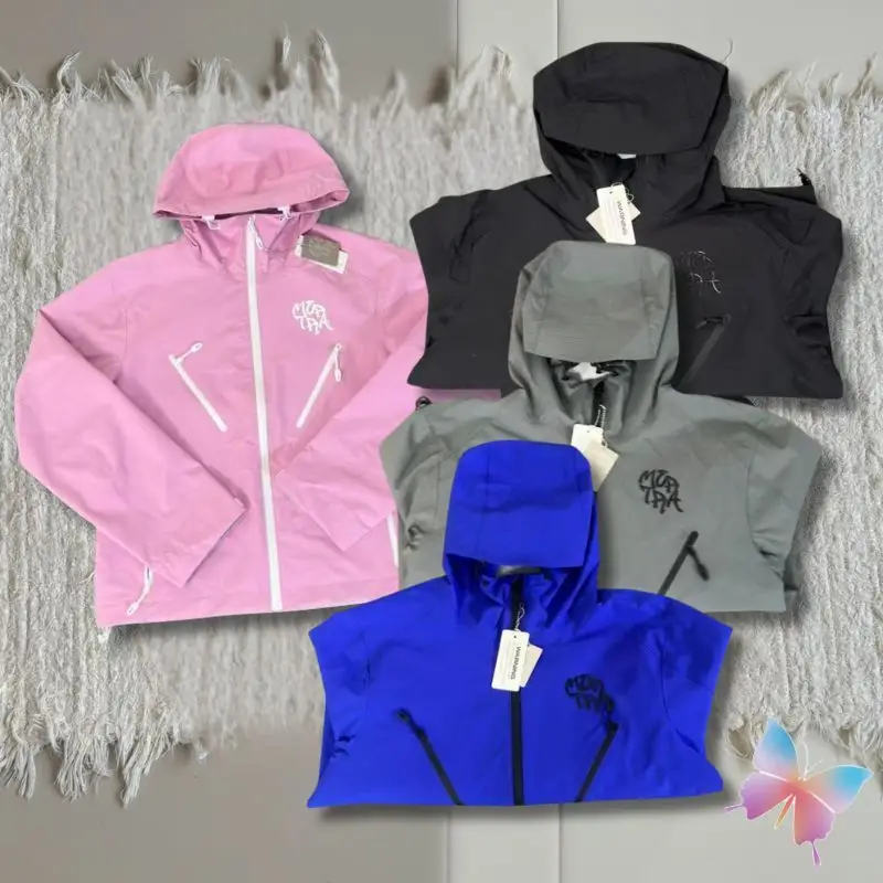 

Men Women Mertra Jacket Silicone Logo Zipper Hood Mesh Lined Breathable Assault Suit Zipper Pocket Windproof Waterproof Coats