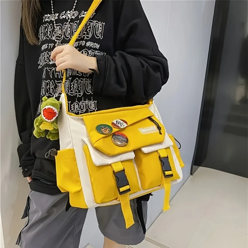 Large Capacity Men Crossbody Bag Square Japanese Style Casual Messenger Bag with Badges Lightweight Nylon Postman Bag Unisex