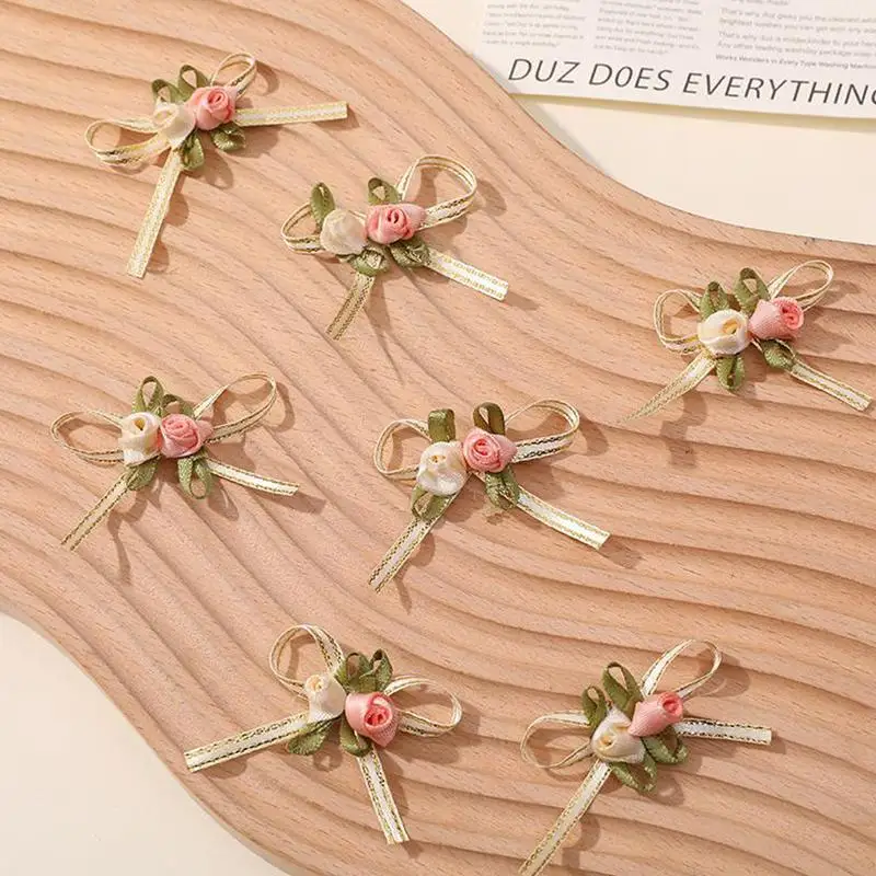 (10pcs/pack) 4.5cm Rose Bud Bow White Pink 2 Rose Bows Wedding Gift Box Hair Accessories Home Christmas Bows Decoration