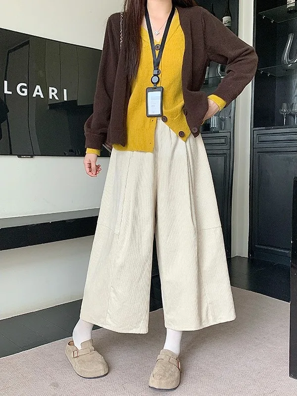 Thickened Corduroy Wide Leg Pants Women's Early Spring New plus Size Fat MM Small Nine Points Sweater Pants Commute Style Hig...