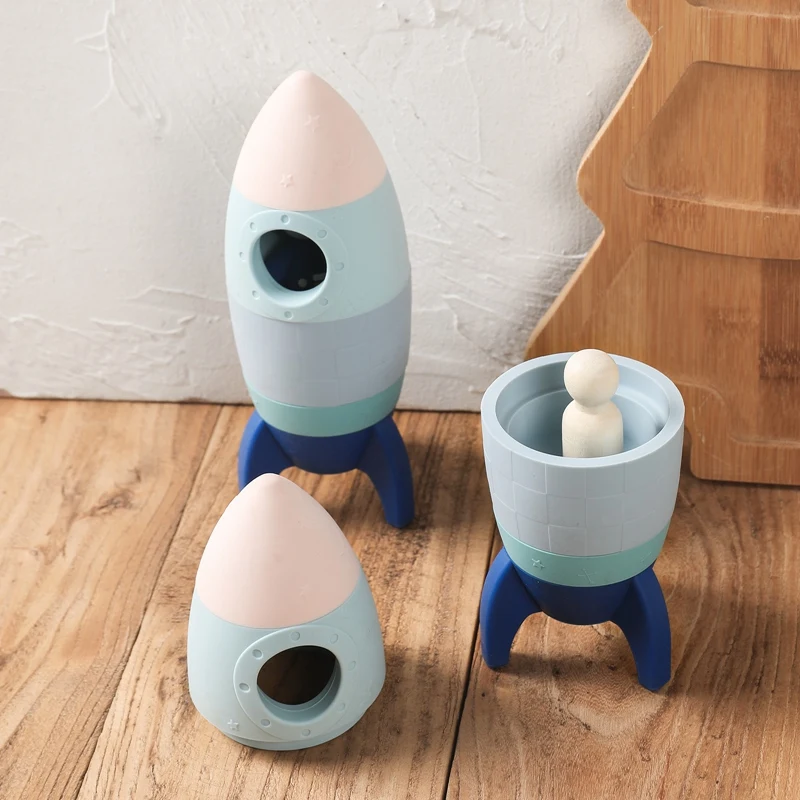 طفل سيليكون كتل بناء صاروخ لعبة نموذج بنة عضاضة لعبة الغذاء الصف سيليكون الأطفال مضغ لعبة طفل الملحقات