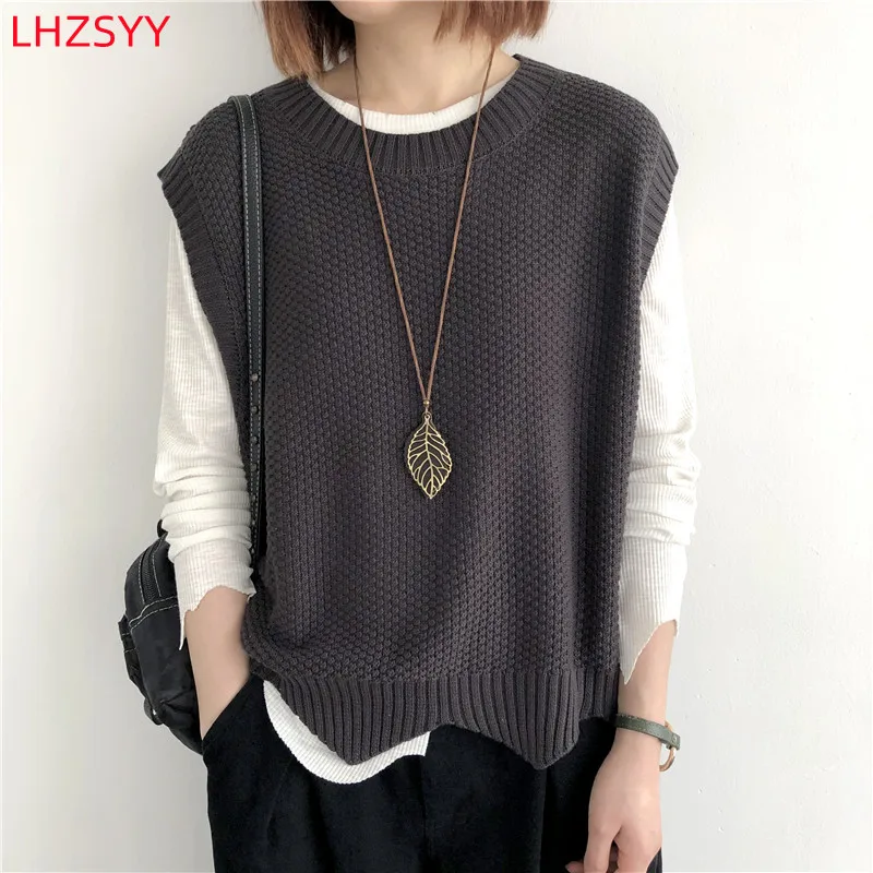 LHZSYY 2024 New 100% Cotton Vest Ladies Autumn/Winter Outer -Tops O-Neck Sleeveless Large Sweater Cotton Thread Loose Knit Vest