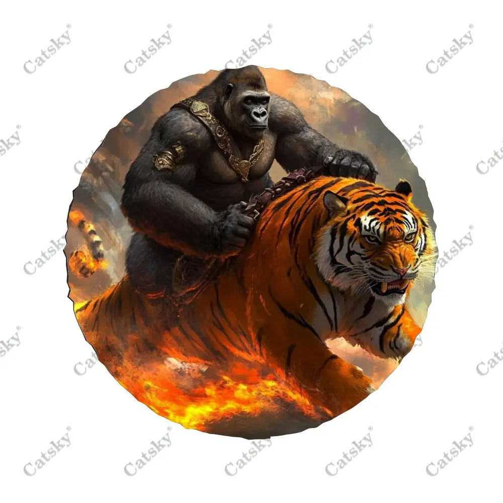 Chimpanzees Riding Tigers Polyester Universal Auto Accessories Spare Wheel Tire Cover Wheel Covers for Trailer SUV Truck Camper