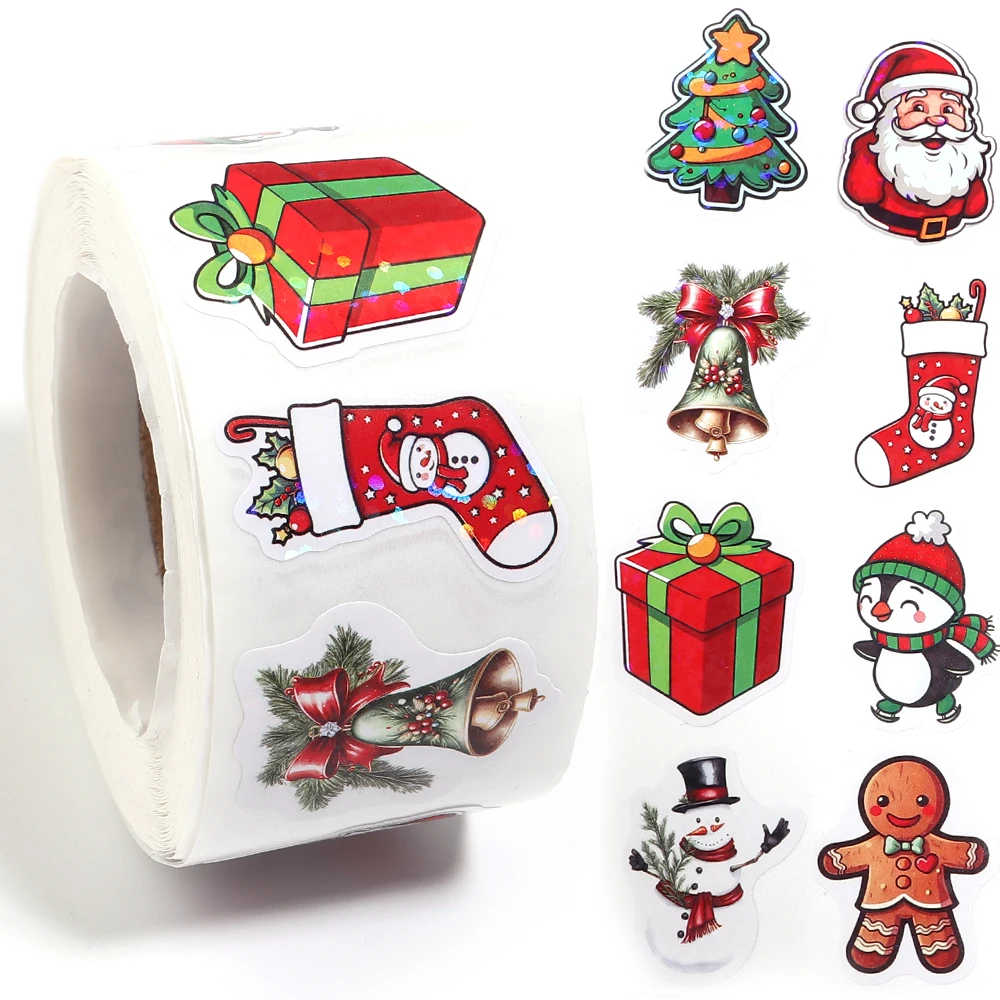 500pcs/roll Laser Cartoon Christmas Stickers Christmas Gift Wrapping Label Sticker Scrapbooking Laptop Phone Stationery Stickers