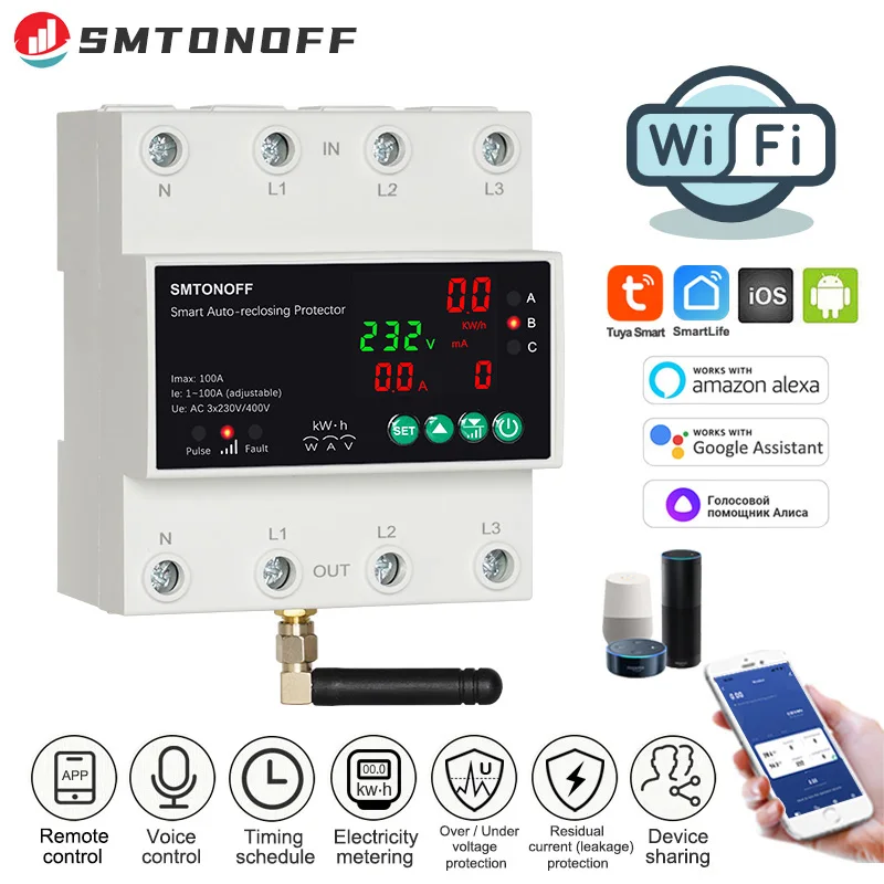 

Tuya WiFi Three Phase 4P 100A Auto-Reclosing Over Under Voltage Protector Prepaid Meter Timer Switch Voice Remote Control