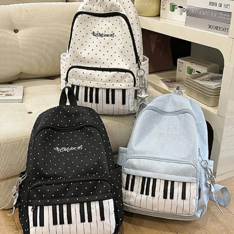 Polka Dot Piano Key Backpack Japanese Color-blocked Backpack Preppy Piano-shaped Backpack Women's Large Capacity Travel Bag