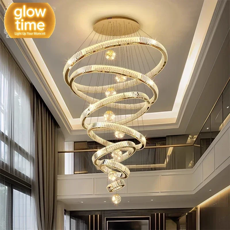 modern Luxury Stairs Dimmable Crystal Pendant Light Class Globe Chandelier Lamp Luminarias Steel Lamparas Decor Indoor Lighting