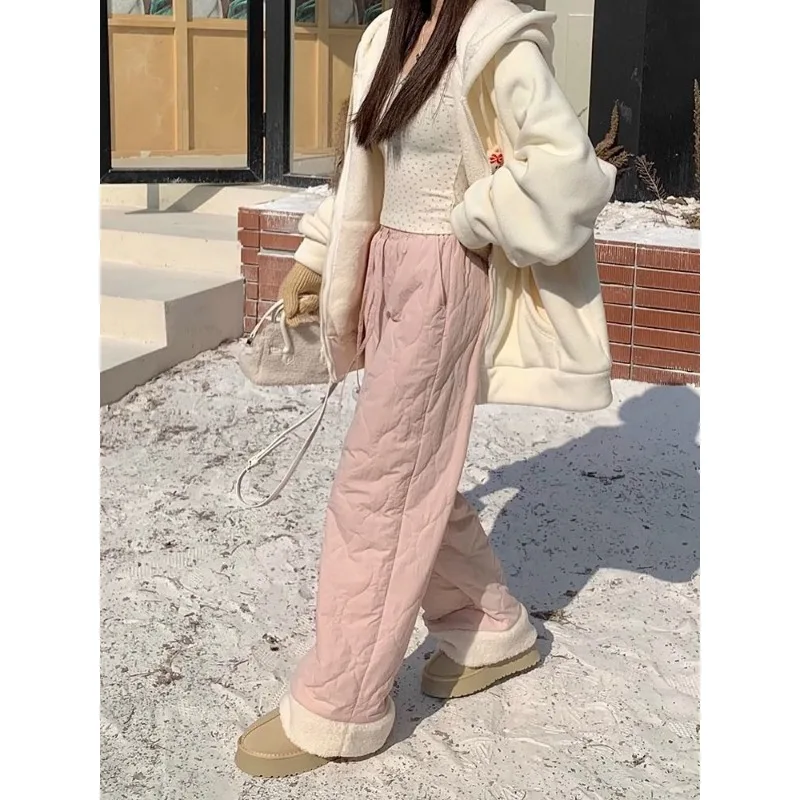 QWEEK Oversized Lamb Brushed Pants for Women Winter Fleece Pink Korean Fashion Baggy Cute Cotton-padded Trousers Harajuku Kawaii