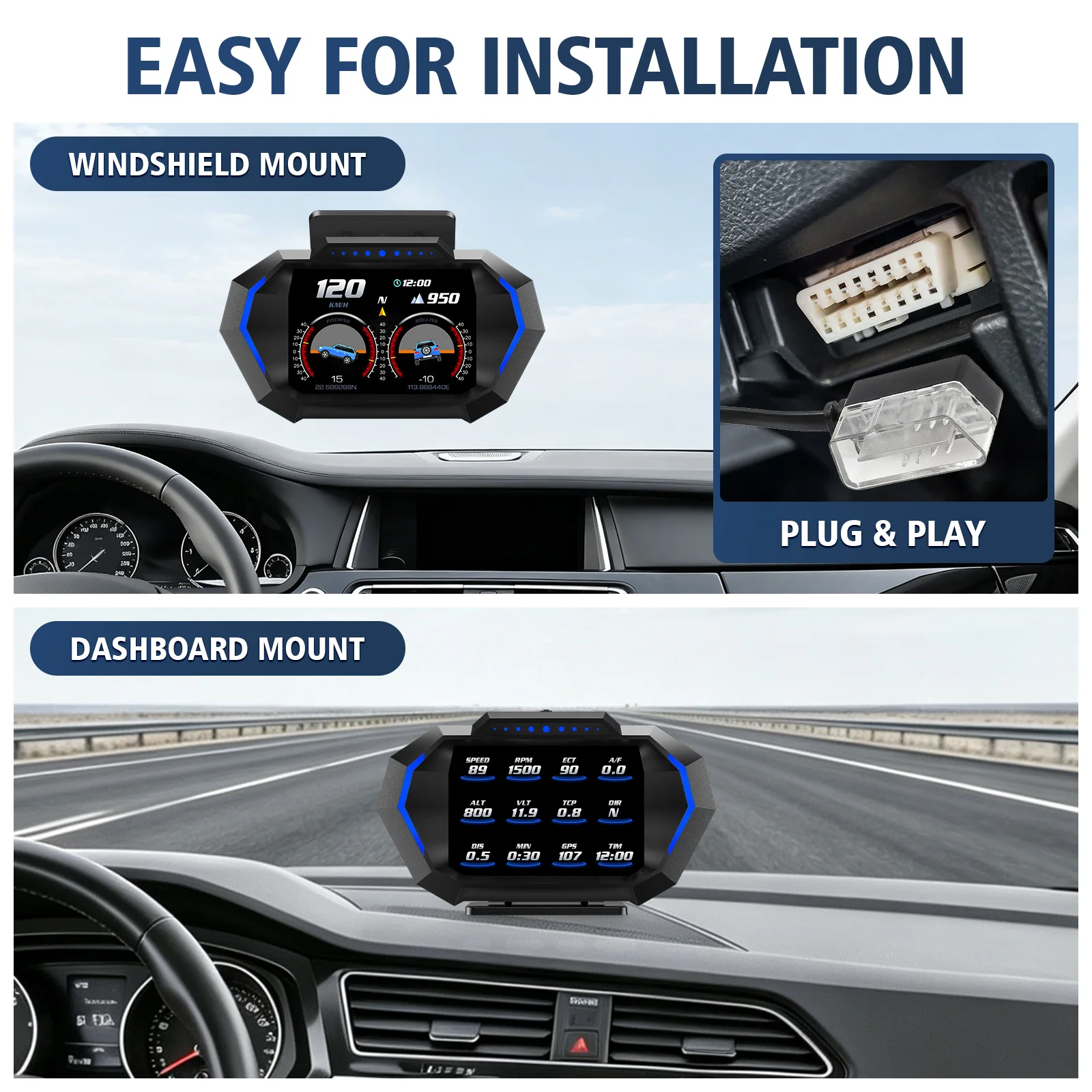▪ P24 Car HUD Head Up Display OBD2 +GPS Dual Mode Smart On-board Computer With Warn Slope Fuel Projector Water Temp EOBD Scanner