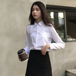 Basic Button Up Shirt for Women,Long Sleeve Blouse for Office Lady,Korean Fashion, Work Wear,Plus Size Chiffon Tops,White Spring