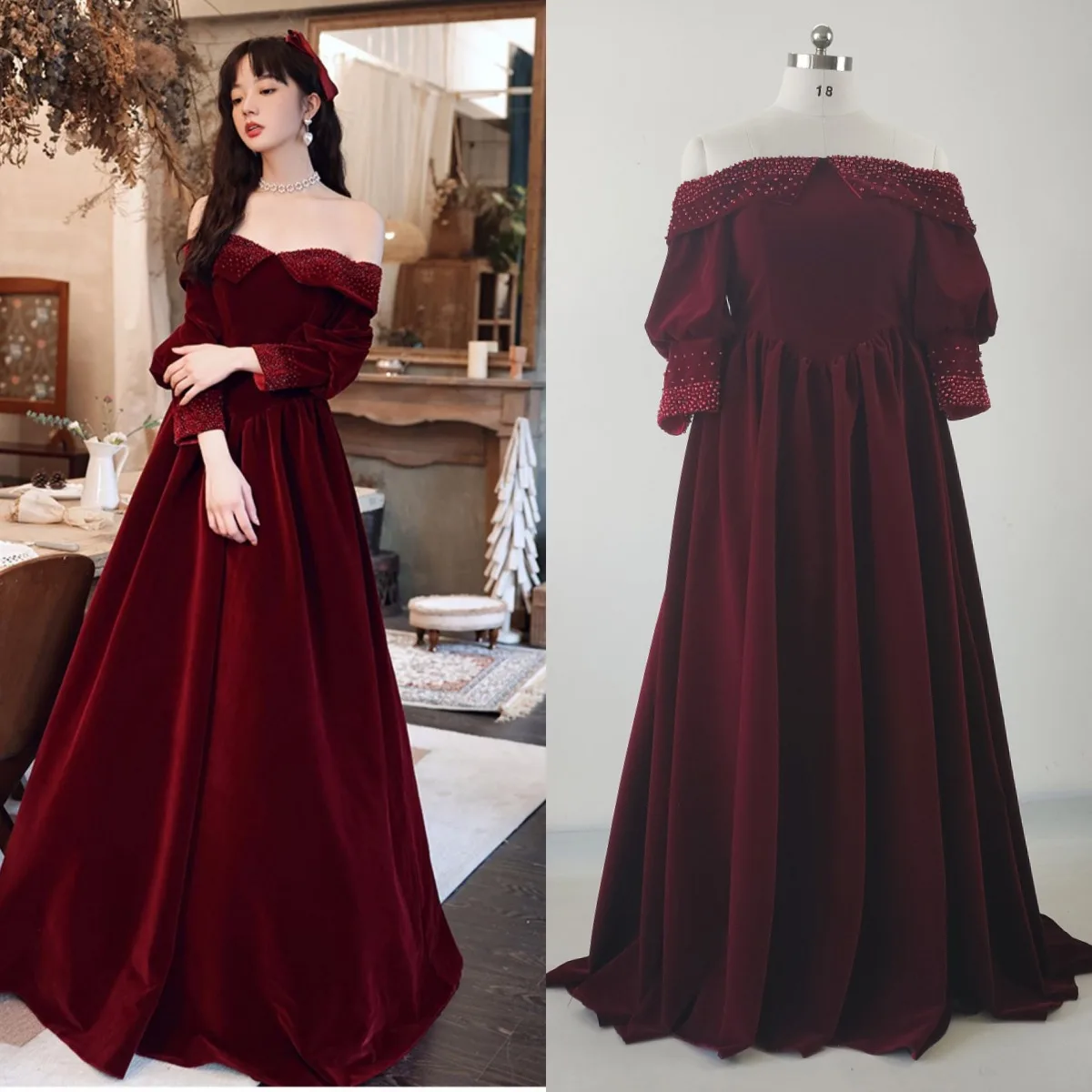 

Feelingarden Plus size Evening Dresses Burgundy Velvet Full Sleeves A-line Floor-length Beading Woman Formal Party Dress A331