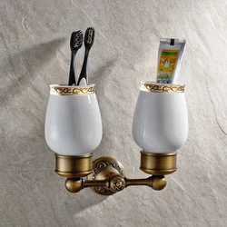 Wall Mounted Vintage Retro Antique Brass Bathroom Toothbrush Holder Set Bathroom Accessory Dual Ceramic Cup mba432
