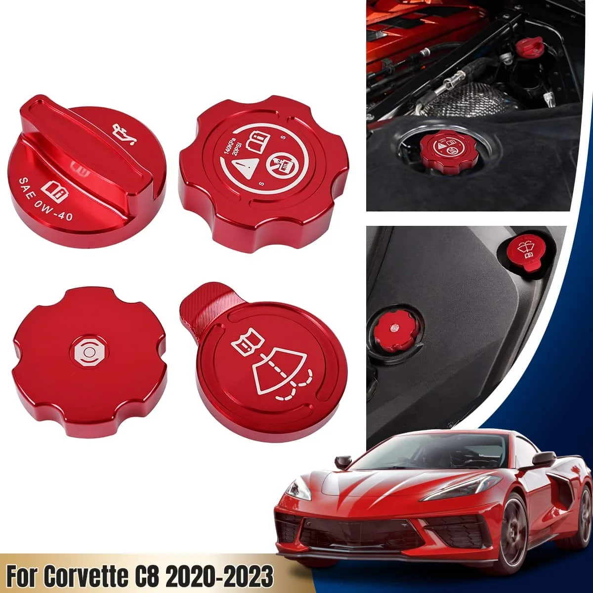 Engine Oil Radiator Water Tank Cap Trim Coolant Brake Fluid Cap Red Black Blue Silver for Chevrolet C8 Stingray Z51 2020-2024