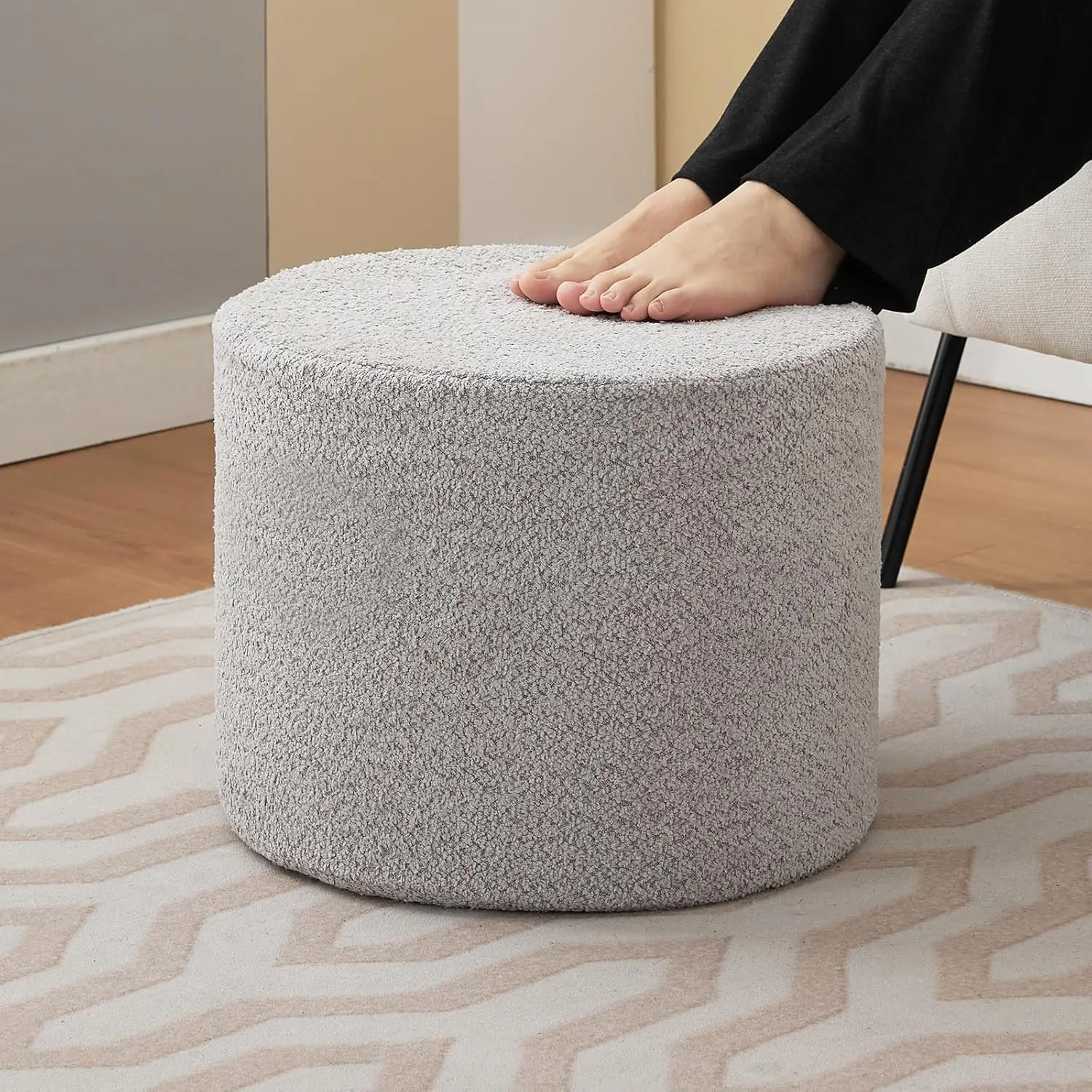 

Pouf Ottoman Stuffed Round Footstools, Modern Boucle Upholstered Small Footrest Floor Ottoman, For Accent Chair/Living
