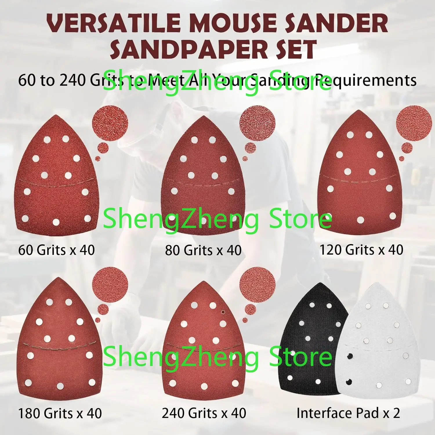 202PCS Mouse Sander Sandpaper 60/80/120/180/240 Grits (40PCS Each) with 2 PCS Hook and Loop Interface Pads 11-Holes Triangular