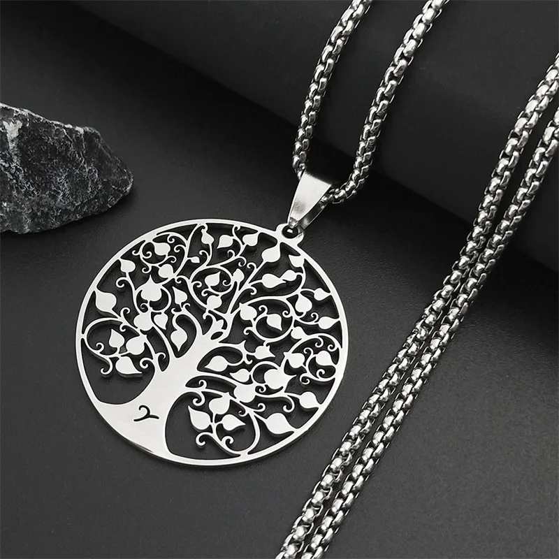 Tree of Life Pendant Stainless Steel Necklace Silver Color  Women Men Amulet Neck Chain Jewelry collar arbol de la vida N11S01