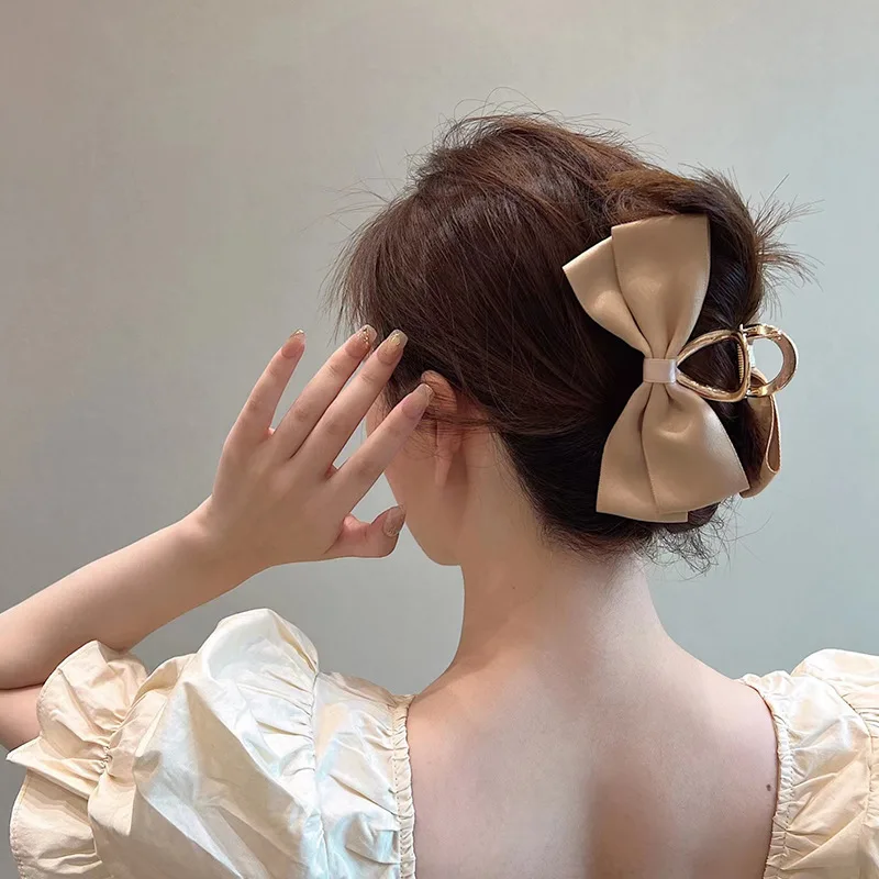 Satin Bow Women Hair Claw Clamps Gold Color Metal Hair Crab Cross Hair Clips Fashion Korean Girl's Daily Gifts Hair Accessories