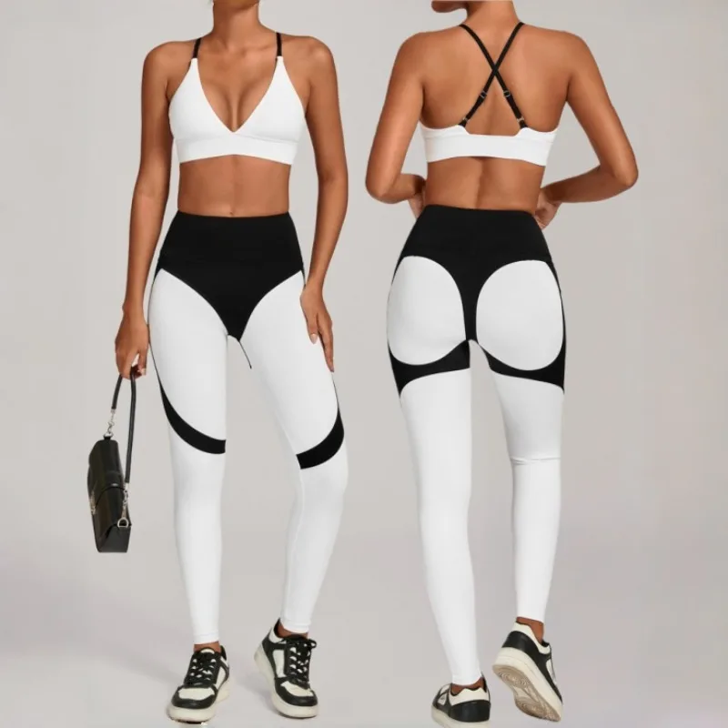 

Women's High Elasticity Color Blocked Yoga Set Tight Fitting Hip Lifting High Waist Sports Set Outdoor Running and Fitness Set