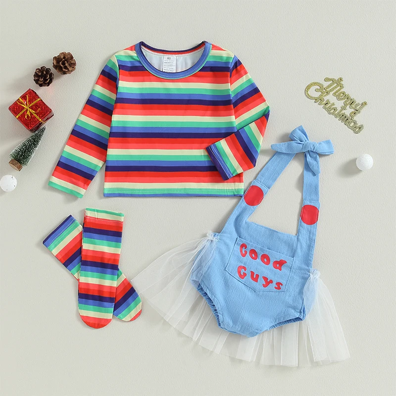 Toddler Baby Girls Halloween Costume Set Striped Shirt Blue Romper Socks Little Kid Chucky Costume Horror Cosplay