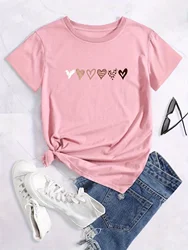 Heart Print Crew Neck T-shirt, Casual Short Sleeve T-shirt for Spring & Summer, Women's Clothing