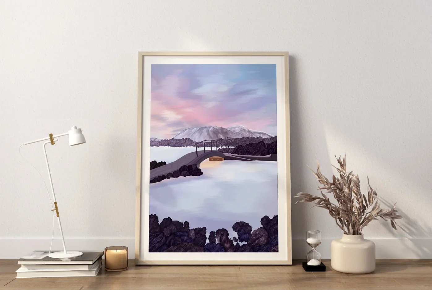 Pastel Sunset Mountain Lake Bridge Canvas Wall Art Prints Decor, Nature Landscape Poster for Bedroom, Living Room, Entryway Home